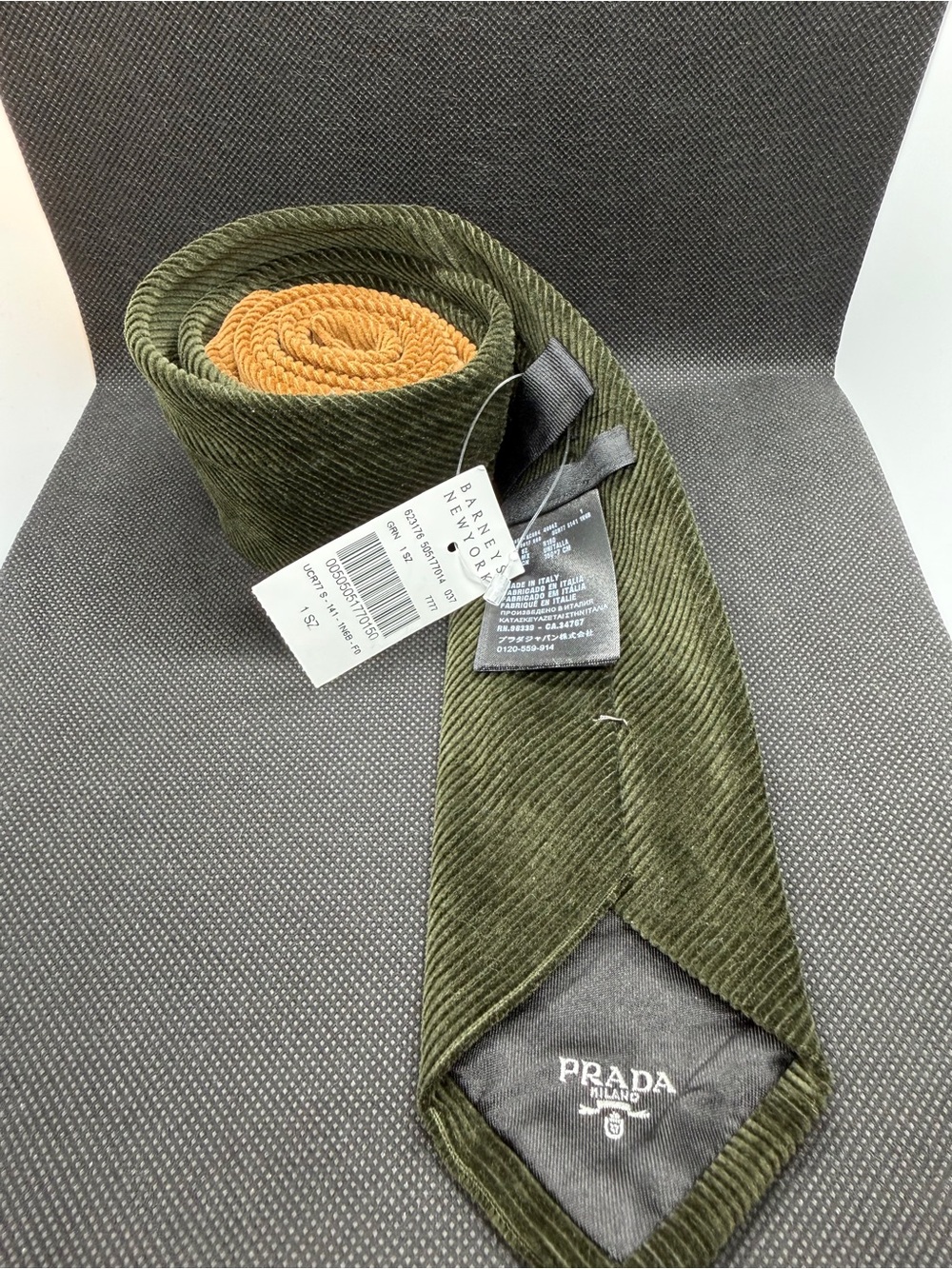 NWT Prada Corduroy Cotton Tie Olive Green Brown 59x2.5" Italy Barneys READ